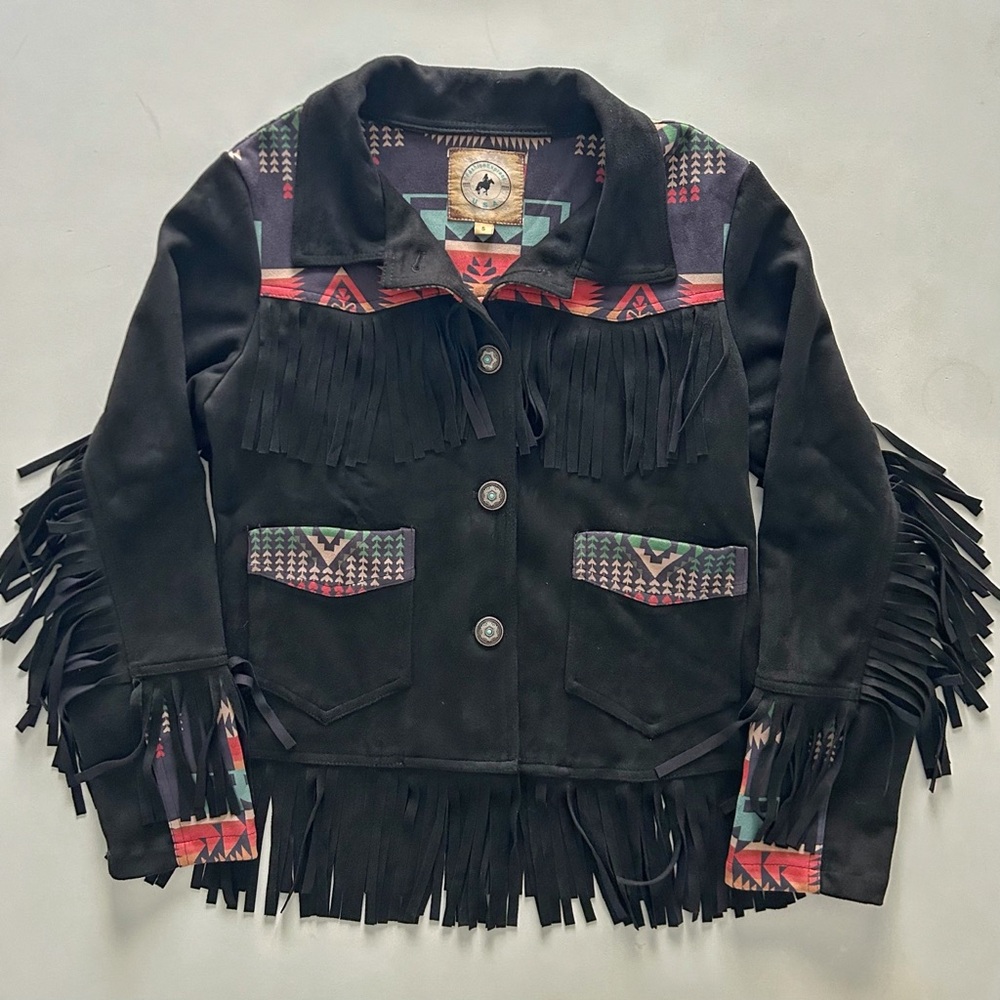 Fashion USA Black Faux Felt Jacket Colorful Aztec Fringe Fall/Winter Size S
